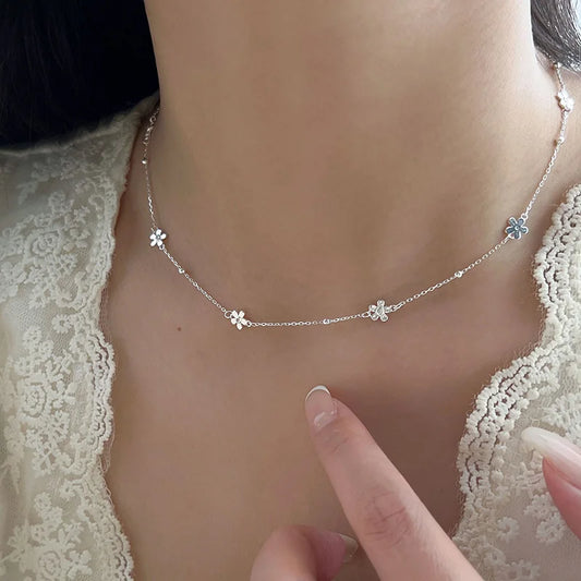 Luckacco New 925 Sterling Silver Classic Multiple Flower Combinations Choker Necklace For Girl Neck Women Wedding Party Gift Fine Jewelry