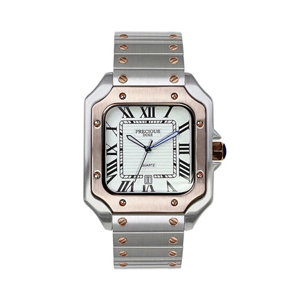 Luckacco 2025 Men's Luxury Square Quartz Watch Stainless Steel Rubber Band Roman Numeral Calendar Watch British Brand Watch