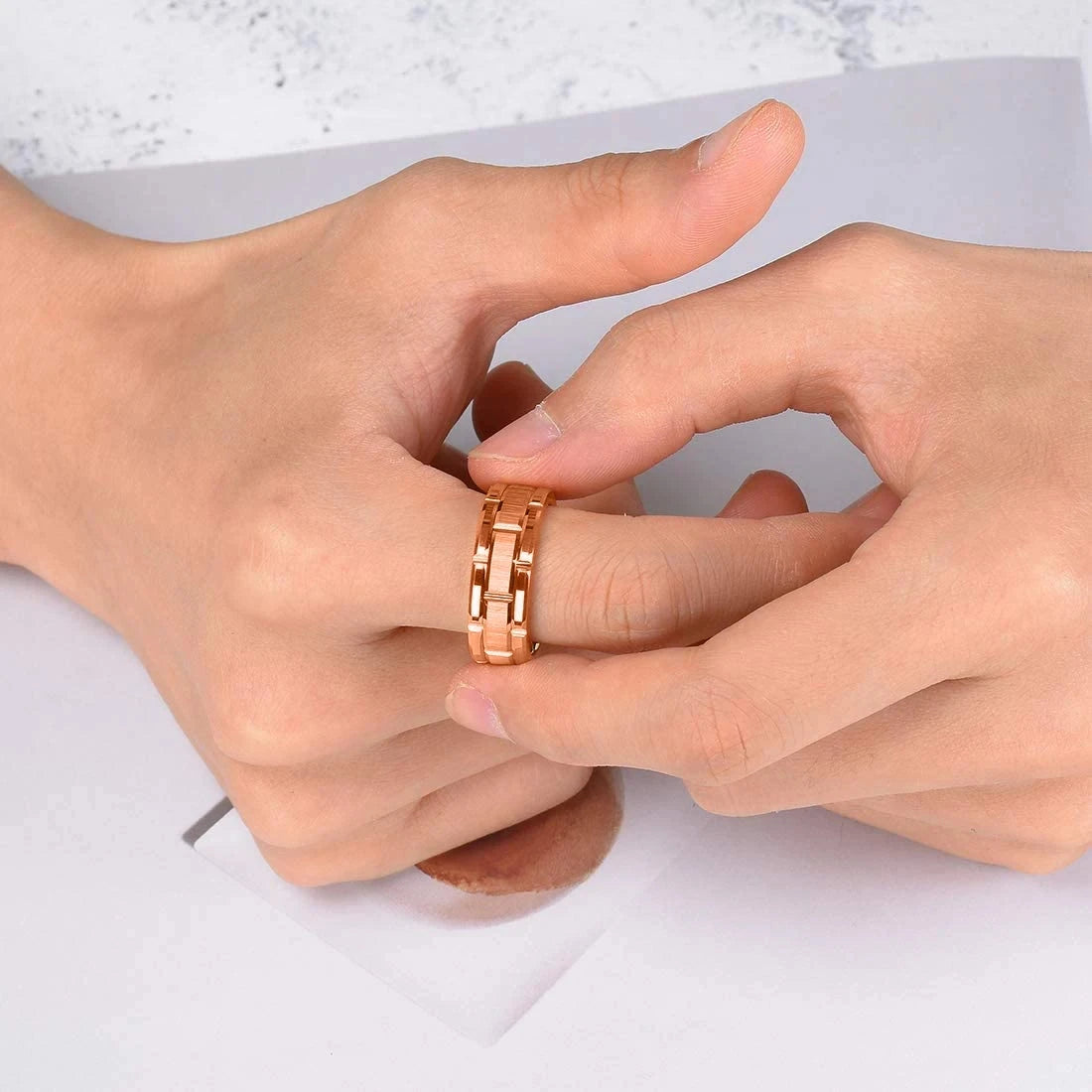 luckacco fashion men 8mm rose gold color stainless steel rings double groove pattern promise rings for men wedding jewelry accessories