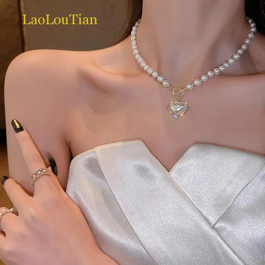 Luckacco Korean Elegant Pearl Beads Necklace for Women Fashion Rhinestone Shell Heart Pendant Necklace Girl Charms Vintage Choker Jewelry