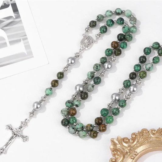 Luckacco Catholic Jesus Cross Bracelet Men Religious Prayer Rosary Bangle 50CM Natural African Turquoises Lava Gem Stone Bead Bracelet