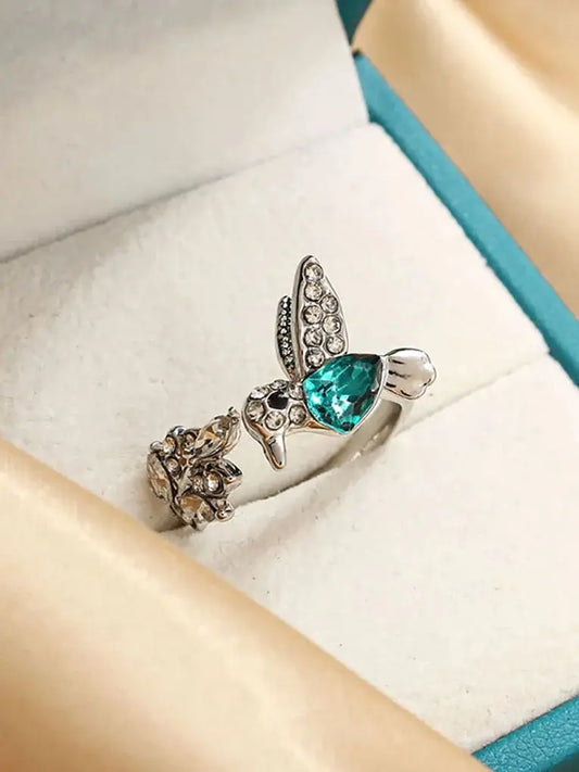 Luckacco Elegant Natural Blue Stone Adjustable Hummingbird Rings for Women Glass Filled Rings Female Engagement Wedding Party Jewelry