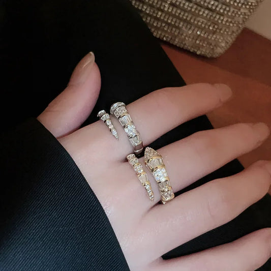 Luckacco Versatile Fashion Trendy Snake Shaped Open Rings for Women High-end Zircon Stainless Steel Adjustable Rings Jewelry Accessories