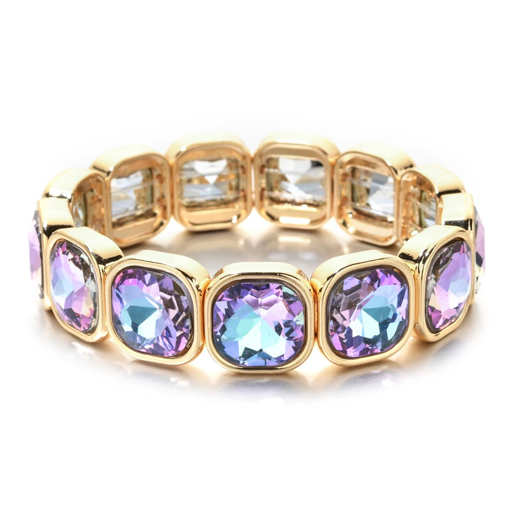 luckacco rose colorful glass crystal elastic bracelet enamel stretch rhinestone bangle tile bead bracelet for women fashion jewelry