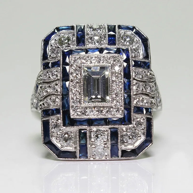 luckacco luxury silver color metal square inlaid with dark blue stones ring fashion party wedding engagement rings for women jewelry