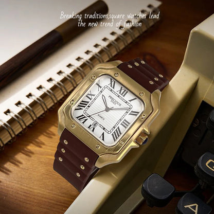 Luckacco 2025 Men's Luxury Square Quartz Watch Stainless Steel Rubber Band Roman Numeral Calendar Watch British Brand Watch