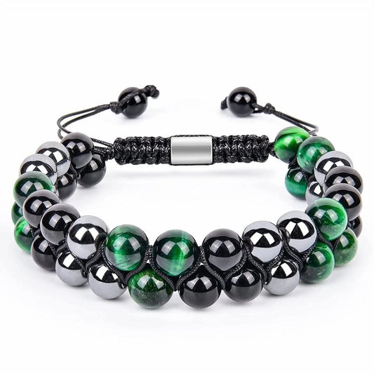Luckacco 8MM Natural Tiger Eye Stone Adjustable Bracelet Double Layer Hand Woven  Row Strand Beaded Bangles Couple Party Jewelry