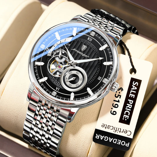 Luckacco POEDAGAR Luxury Man Wristwatch Top Automatic Mechanical Luminous Men Watch Hollow Tourbillon Stainless Steel Men's Watches Reloj
