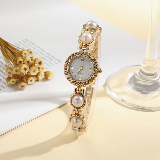Luckacco Ladies' light luxury compact hybrid diamond dot scale small dial pearl steel strip quartz watch