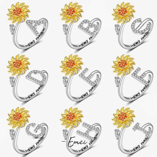 Luckacco Rotating Sunflower Initial Letter Rings For Women Anti Anxiety Spinner You Are My Sunshine Stainless Steel Ring Birthday Jewelry