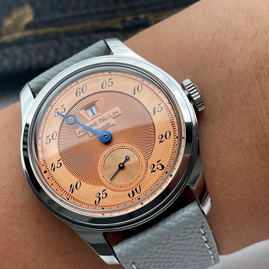 Luckacco Spot goods NEW Pierre Paulin Jumping Hour Men Watch Salmon Dial Automatic St17 Mechanical Watch Vintage Date Window 38mm