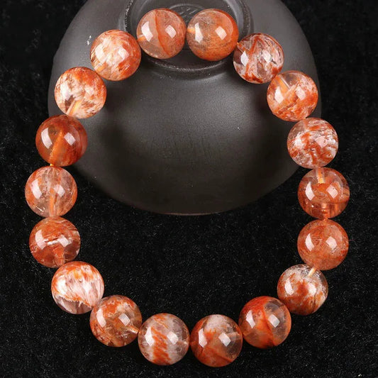 Luckacco Natural Orange White Sericite Snow Phantom Quartz Bracelet Crystal Clear Round Beads Bracelet 9mm 10mm AAAAA
