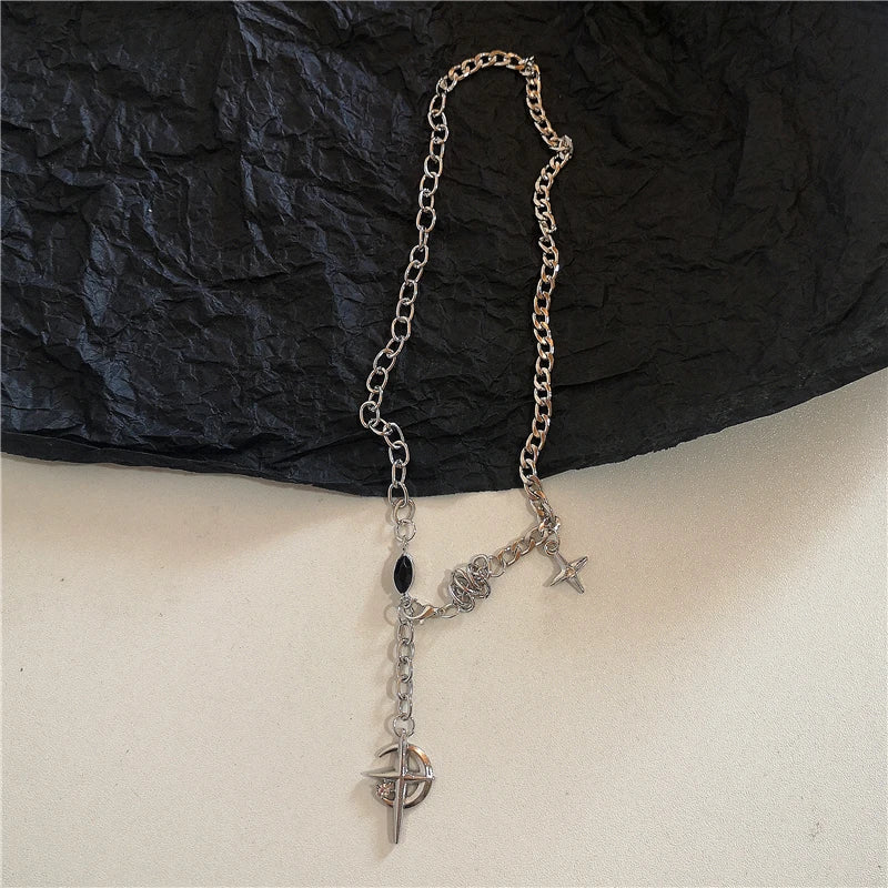 luckacco gothic vintage y2k red glass heart star cross pendant pearl bead necklace for women men aesthetic 90s grunge accessories jewelry