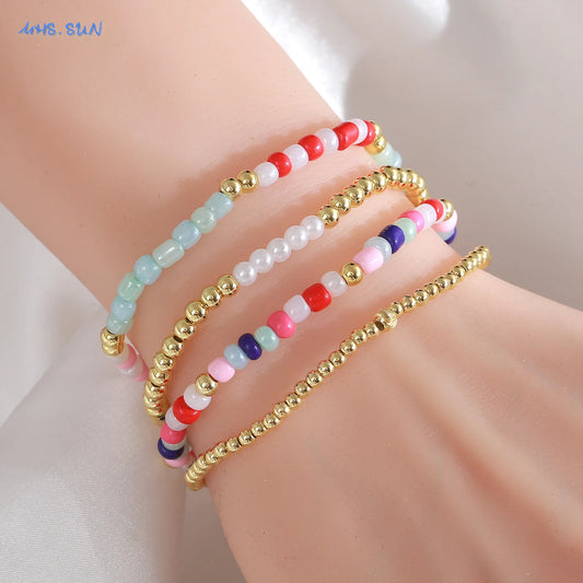 Luckacco MHS.SUN New Bohemian Gold Plated Metal Beaded Bracelets Colorful Rice Beads Bracelet Birthday Party Jewelry For Women Men