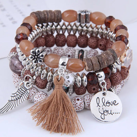 Luckacco elite Bohemian Multicolor Pink Crystal Beads Bracelets Women Girls Elastic Tassel Wing Letters Rope Bracelet Pulseira Feminina