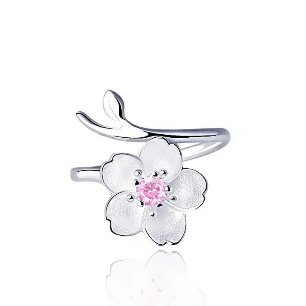 luckacco light luxury open finger ring temperament adjustable cherry blossom cuff ring pink rhinestone elegant daily jewelry female