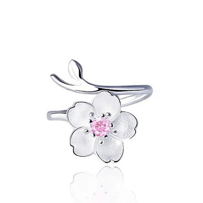 Luckacco Light Luxury Open Finger Ring Temperament Adjustable Cherry Blossom Cuff Ring Pink Rhinestone Elegant Daily Jewelry Female
