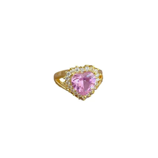 Luckacco High Quality Pink Heart Crystal Adjustable Rings for Women Charm Gold Color Stainless Steel Wedding Bride Jewelry Gift Colorfast