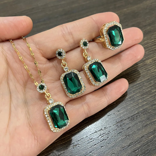 Luckacco Vintage Emerald Sets Unique Design Light Luxury Temperament Earrings  Pendant Necklace Rings Three-Piece Sets Trend Jewerly Set