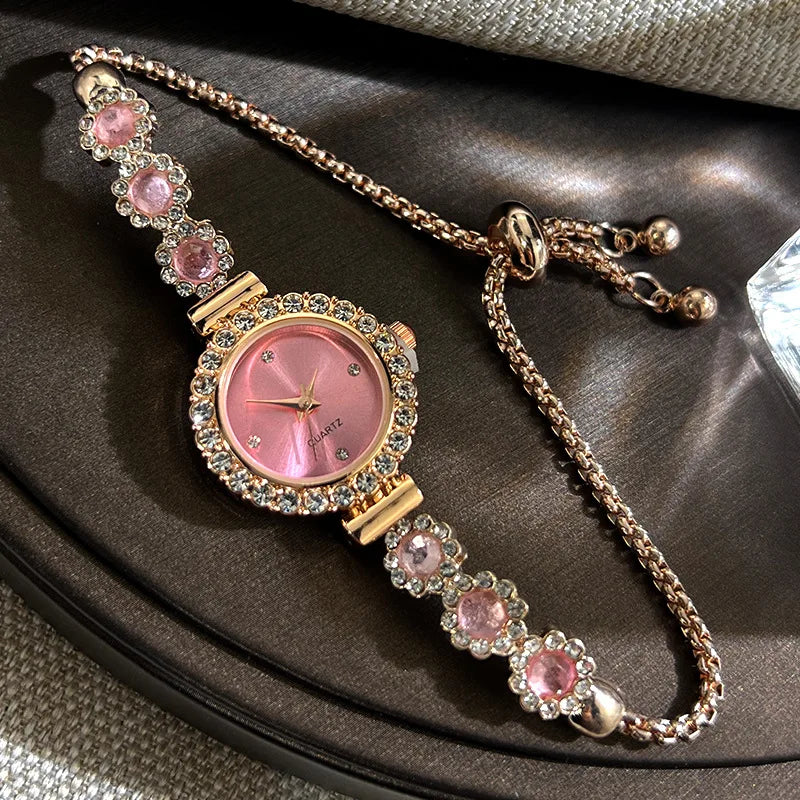 luckacco women's watch fashion color imitation gemstone fashion style quartz watch pullable bracelet women's watch girl's gift