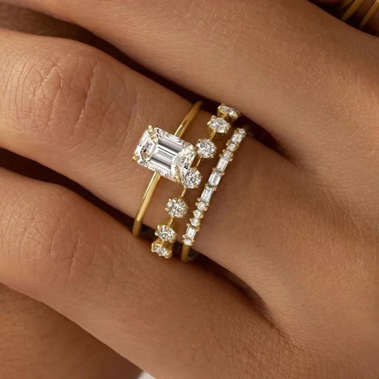 Luckacco Exquisite Women Rings Gold Color Square Round White Stone Rings Set Party Accessories Gift
