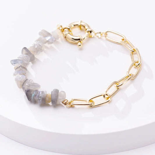 Luckacco Women Fashion Half Stainless Steel Chain Half Purple Natural Crushed Stone Bracelet HD127