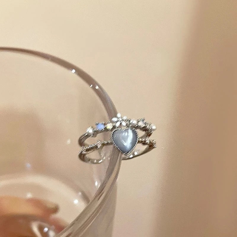 luckacco 2024 fashion jewelry crystal rings heart adjustable ring irregular geometry punk vintage rings set for women girls