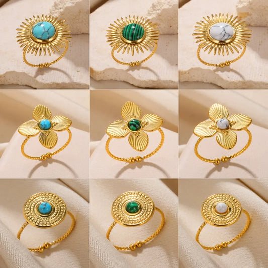 Luckacco Stainless Steel Rings Natural Stone Lucky Jewelry Round Sun Vintage Gold Color Ring For Women Anniversary Gift New Female Male