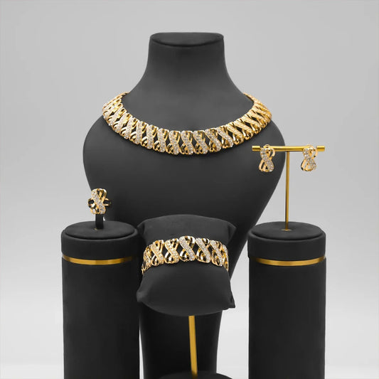 Luckacco Fashion 18k Gold Plated Jewelry Set Dubai African Choker Necklace Earrings Rings Wedding Bridal Jewellery Sets for Women