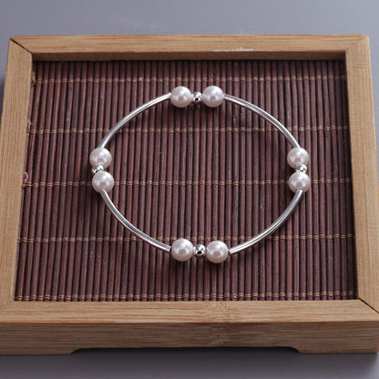 Luckacco VENTFILLE 925 Sterling Silver 6mm Shell Pearl Glass Bead Star Bracelet For Women Gift Crushed Silver Jewelry