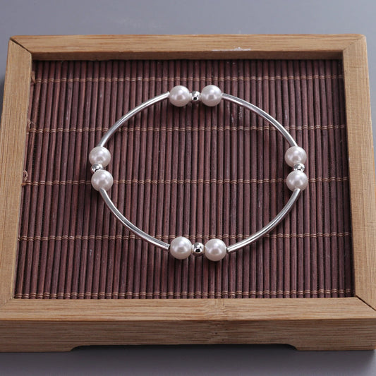 Luckacco VENTFILLE 925 Sterling Silver 6mm Shell Pearl Glass Bead Star Bracelet For Women Gift Crushed Silver Jewelry