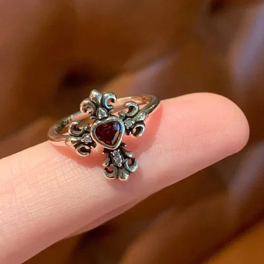 Luckacco Vintage Gothic Red Crystal Cross Geometry Open Rings for Women Y2k Punk Creative Grunge Jewelry Accessories Gift