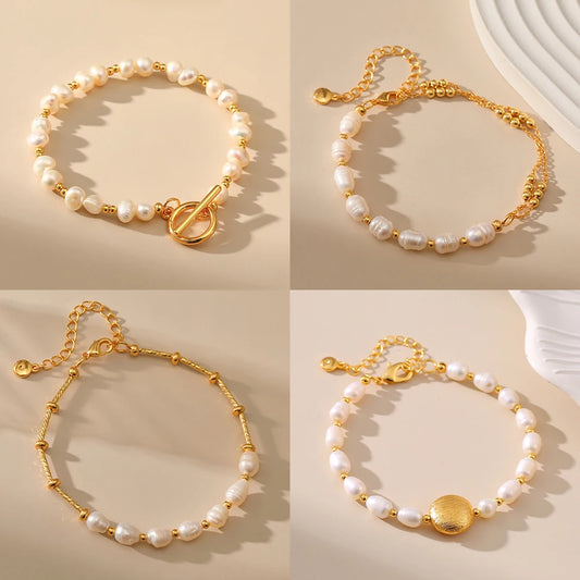 Luckacco Fashion Freshwater Pearl Gold Plated Beaded Bracelet for Women Natural Pearls with Link Chain Bracelet Bangles Charm Jewelry
