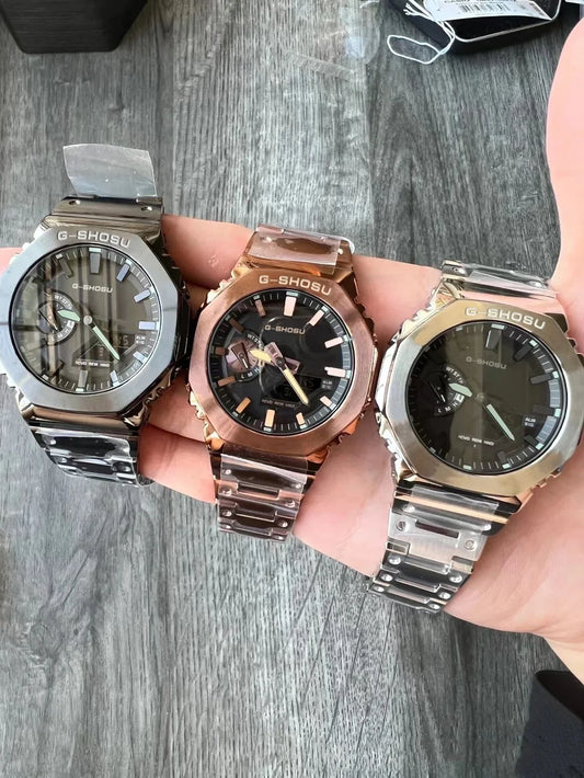 Luckacco Digital Sports Electronic Unisex Watch Full Function LED Alloy Large Dial World Time Steel Strap GMB Oak Series