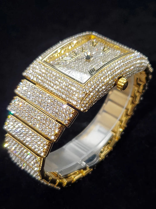Luckacco Gold Men's Watches Rectangle Dial Luxury Diamond Fashion Big Wristwatches Luminous Point Iced Quartz Watch For Men