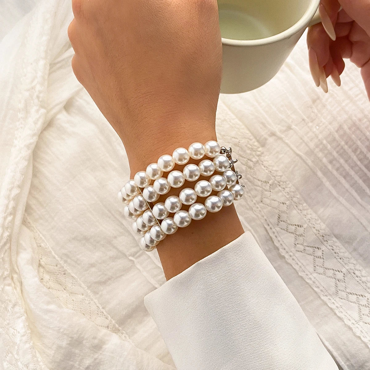 luckacco ingesight.z  luxury multilayer imitation pearl beaded wide cuff bracelets for women simple charm bangles party birthday gifts