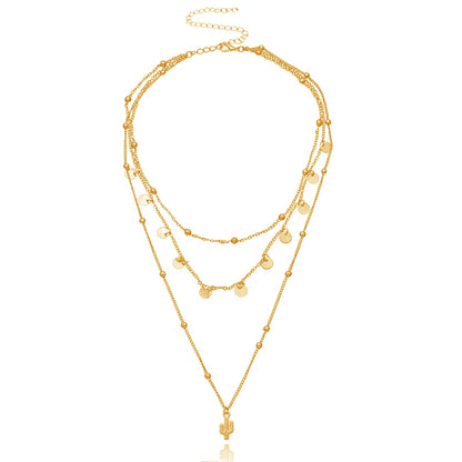 Luckacco New 925 Sterling Silver Triple Layer Necklace Plant Round Piece Choker Exquisite Clavicle Chain Send Women's Fine Accessories
