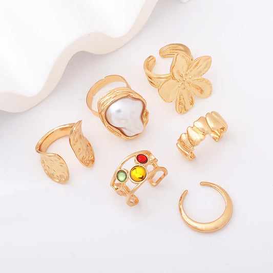 Luckacco 6pcs Set Personality Trend Liquid Metal Lava Flower Baroque Imitation Pearl Zircon Opening Rings for Women Jewelry Sets Gifts