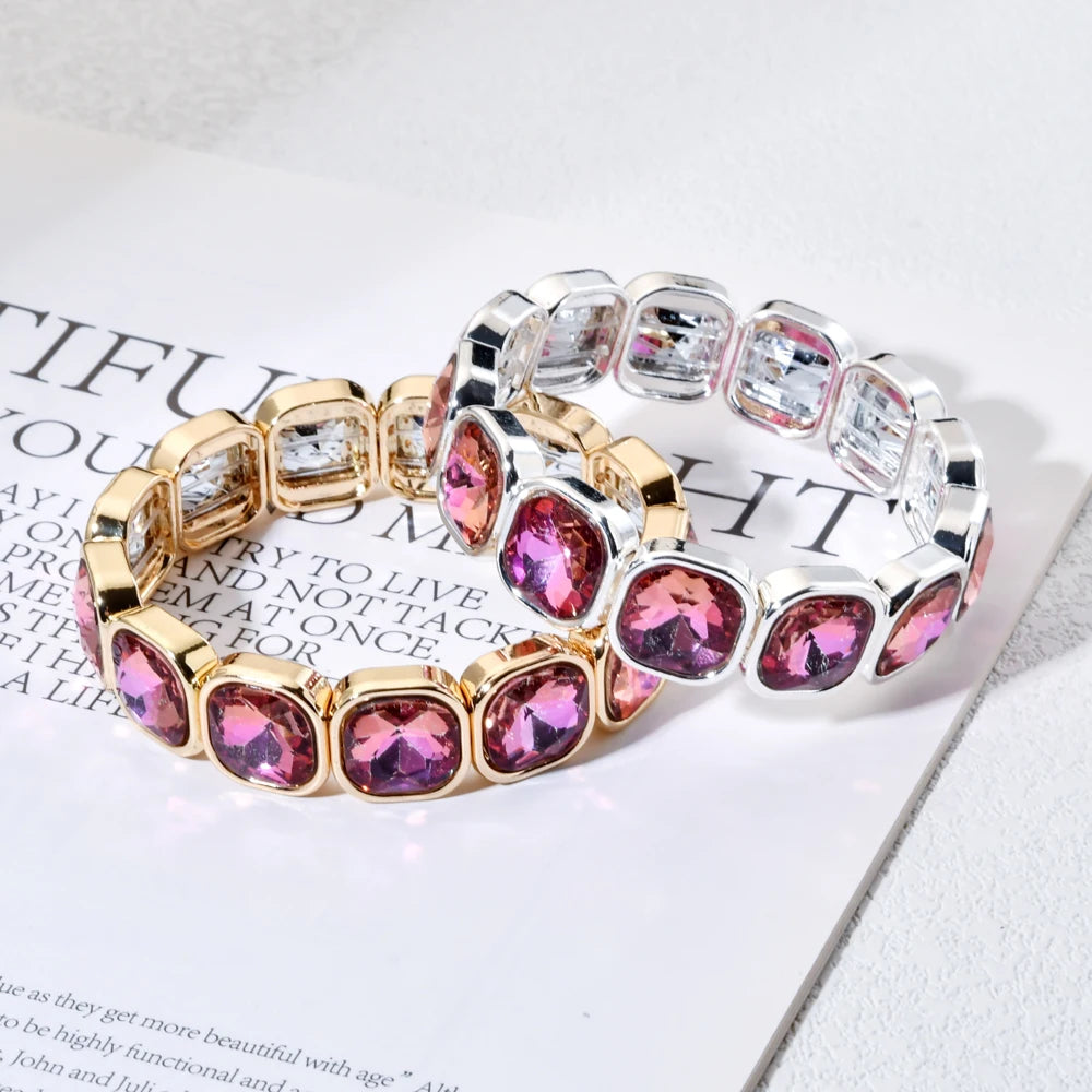 luckacco rose colorful glass crystal elastic bracelet enamel stretch rhinestone bangle tile bead bracelet for women fashion jewelry