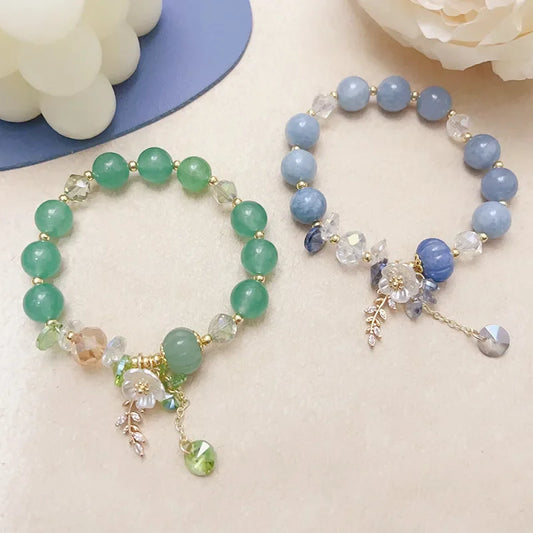 Luckacco Fashionable Natural Stone Crystal Bracelets Women's Light Luxury Leaf Flower Pendant Beaded Bracelet Girlfriend Party Jewelry