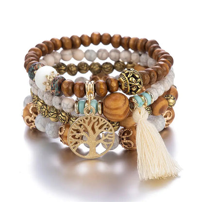 Luckacco Boho Tree Of Life Bracelet Set For Women Fashion Tassels Charm Wooden Beads Elastic Chain Bangle Girl Trendy Party Jewelry