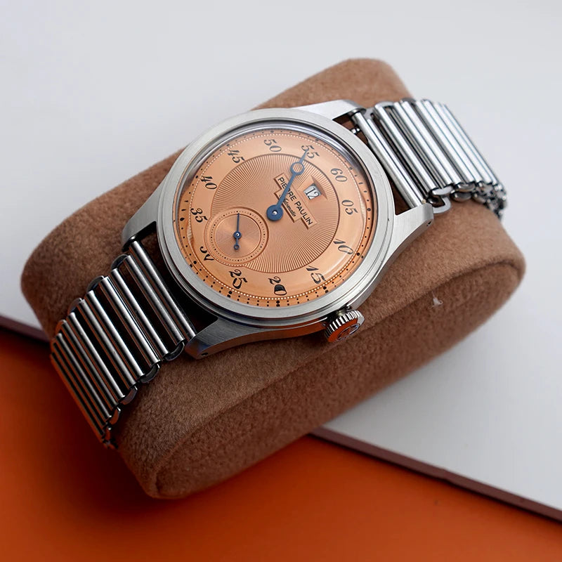 luckacco spot goods new pierre paulin jumping hour men watch salmon dial automatic st17 mechanical watch vintage bonklip bracelet