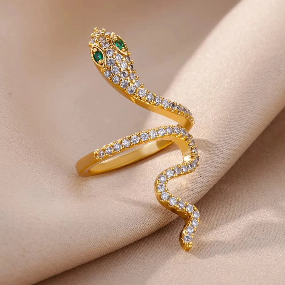 luckacco gold plated stainless steel green zircon snake rings for women men open adjustable finger ring vintage gothic aesthetic jewelry