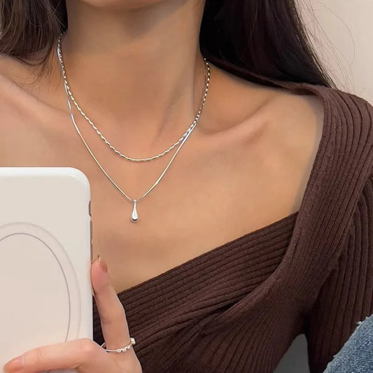 Luckacco New 925 Sterling Silver Double Layer Necklace Exquisite Geometric Shape Pendant Choker Birthday Party Gift Women's Fine Jewelry
