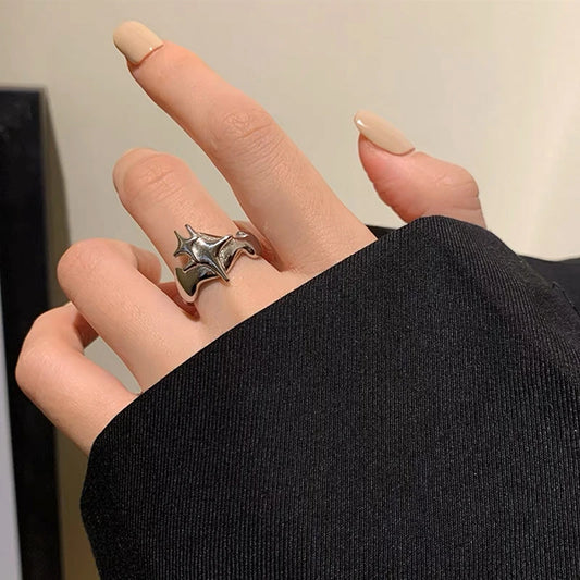 Luckacco Punk Harajuku Goth Thorns Black Silver Color Irregular Heart Cross Open Ring For Women Men Lover Vintage 90s Y2K Grunge Jewely