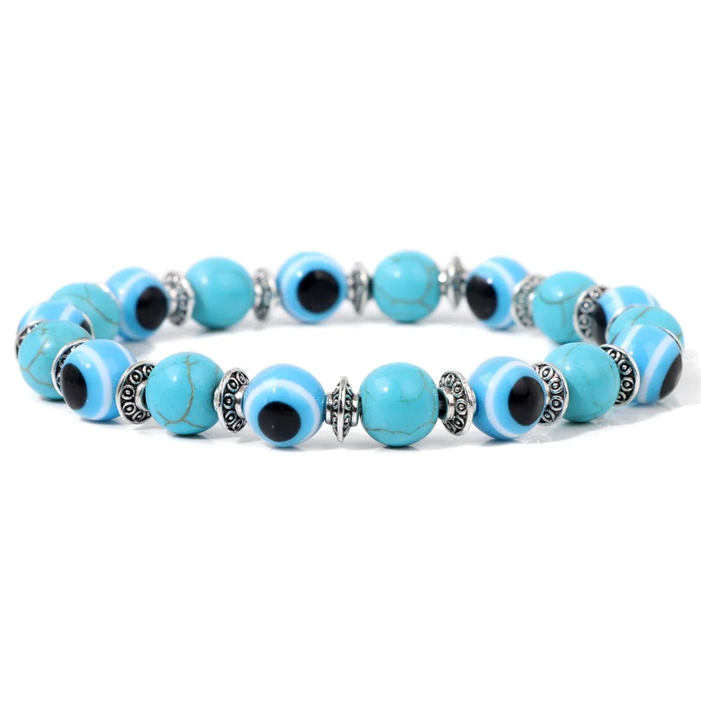 luckacco lucky evil eye beads bracelet natural stone lava hematite bracelet set multilayer bracelets women men handmade elastic jewelry