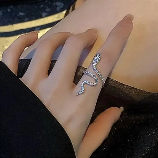 Luckacco Snake Ring for Women Micro Inlaid Zircon Wound Small Female Simplicity Adjustable Opening Rings Index Finger Ring Jewelry