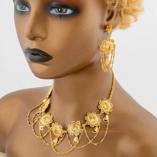 Luckacco African 18k Gold Color Jewelry Set for Women Flower Design Necklace and Earrings 2Pcs Set for Weddings Party Jewelry Dubai Gift