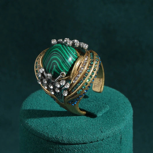 Luckacco Vintage Wedding Rings for Women Round Blue Natural Oval Green Crystal Horse Eye Shape Glass Retro Pattern Gold Color Jewelry
