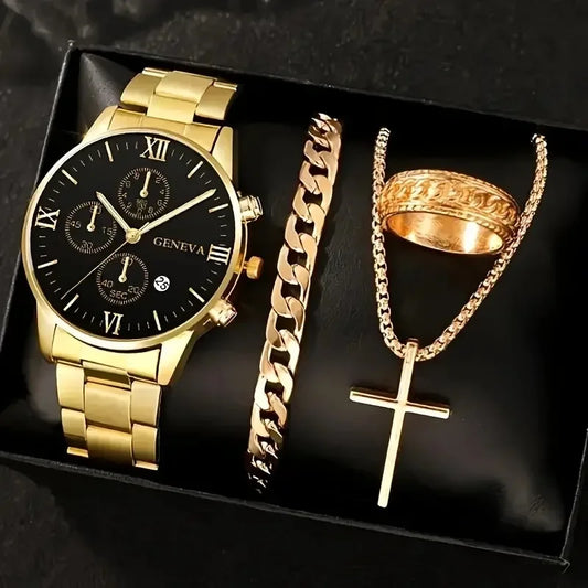 Luckacco 4Pcs/set Luxury Men Business Quartz Watch stainless steel Roman Calendar Wrist Watch Cross Necklace Bracelet Ring Set Men's Gift